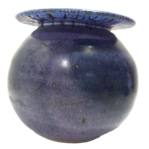 Blue Purple Glazed Rimmed Round Pottery Planter 5" Diameter 4.25" Height Signed - Picture 1 of 6